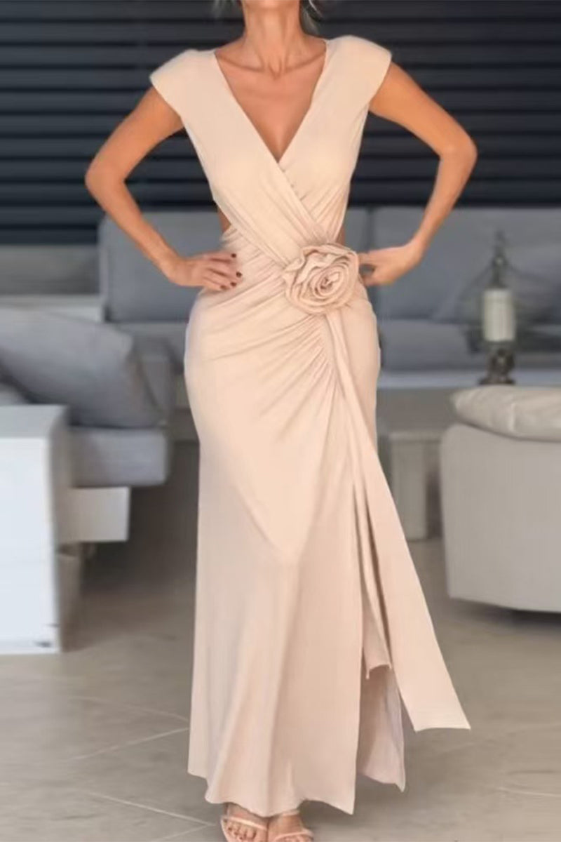 Sexy Slit Ruched Flower Shape V Neck Evening Dresses