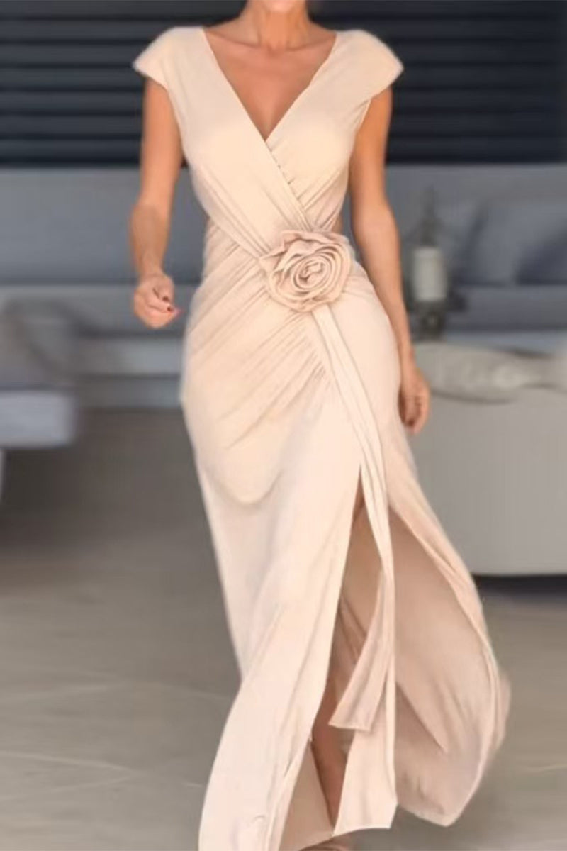 Sexy Slit Ruched Flower Shape V Neck Evening Dresses