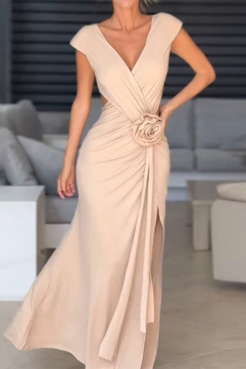 Sexy Slit Ruched Flower Shape V Neck Evening Dresses