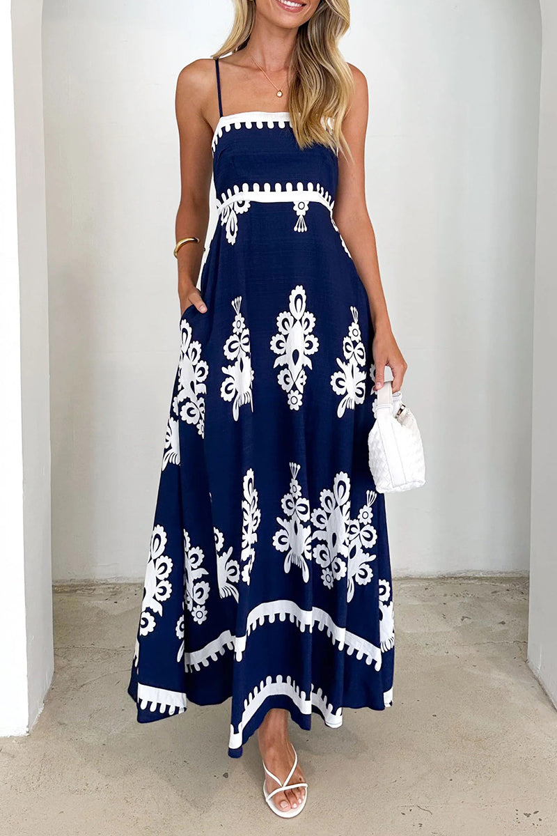 Vacation Geometric Print Pocket Contrast Square Neck Sling Dresses