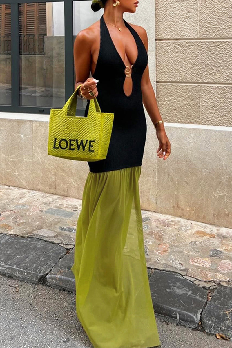 Sexy Solid Color Patchwork Backless Contrast Halter Long Dresses