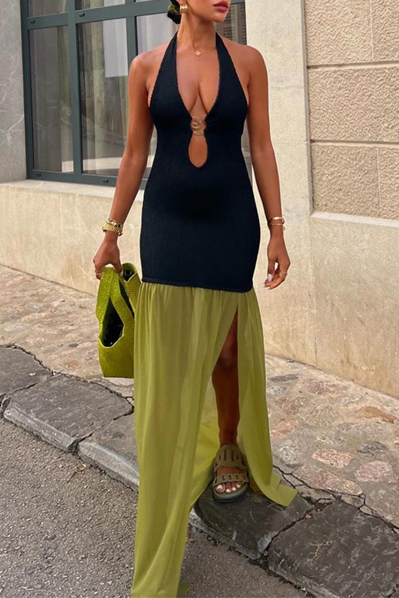 Sexy Solid Color Patchwork Backless Contrast Halter Long Dresses