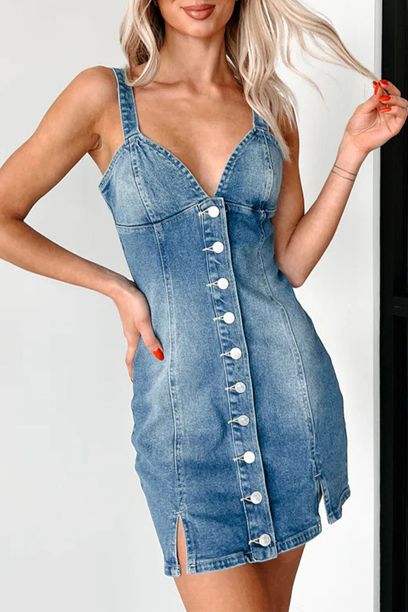 Sexy Buckle V Neck Sleeveless Regular Denim Dresses