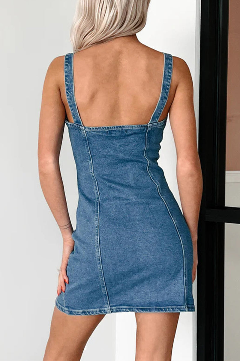 Sexy Buckle V Neck Sleeveless Regular Denim Dresses