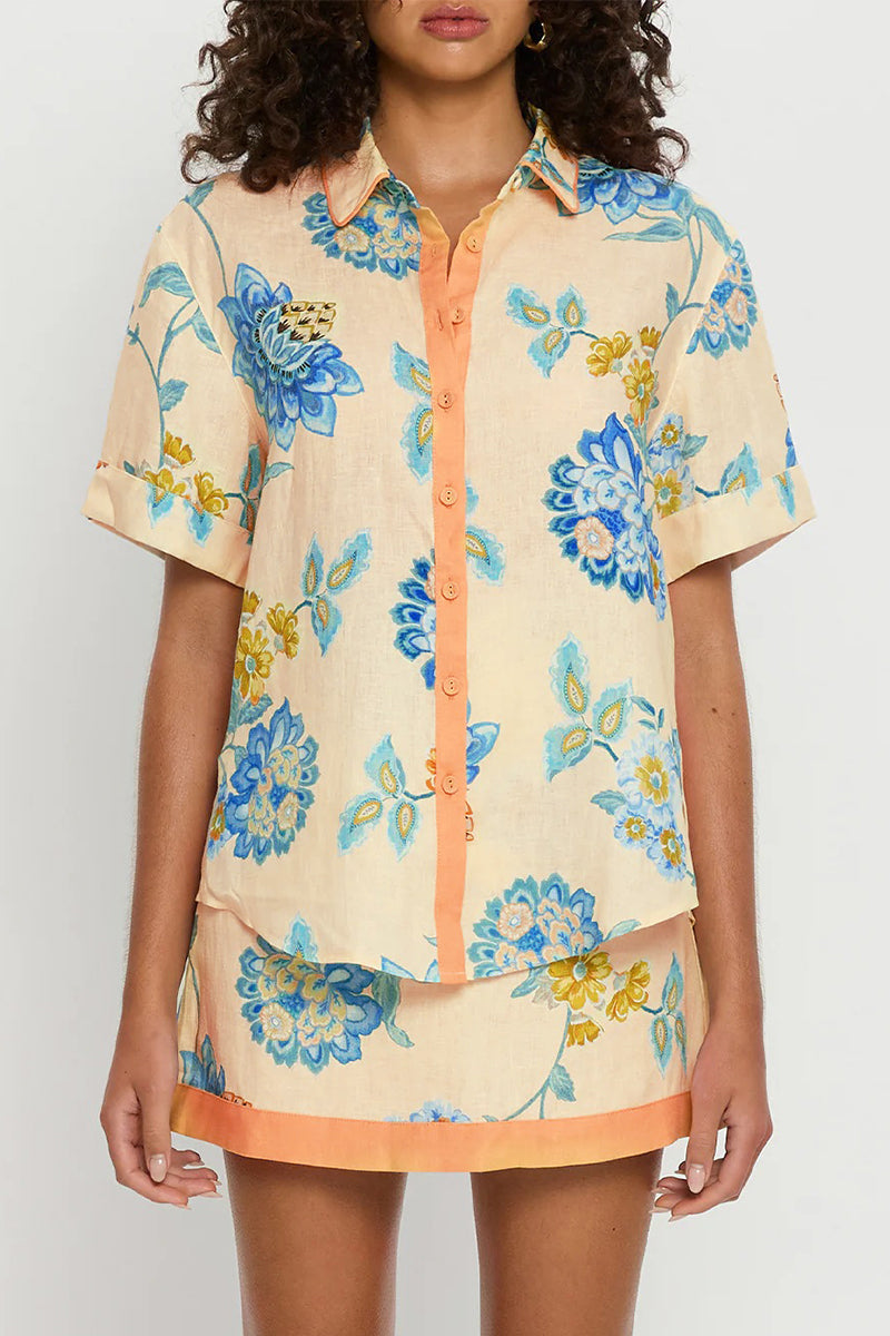 Vacation Floral Print Buttons Contrast Turndown Collar Short Sleeve Two Pieces