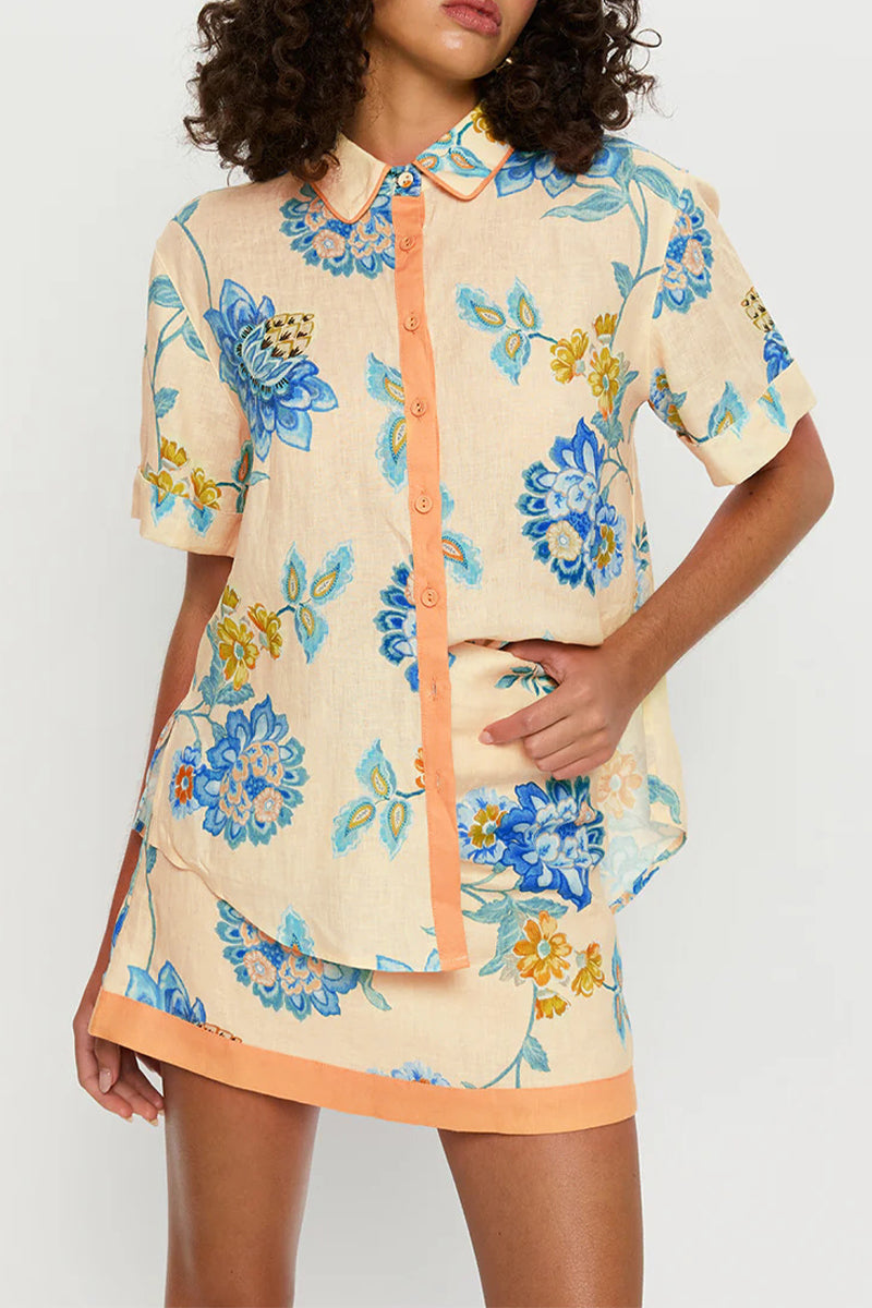 Vacation Floral Print Buttons Contrast Turndown Collar Short Sleeve Two Pieces