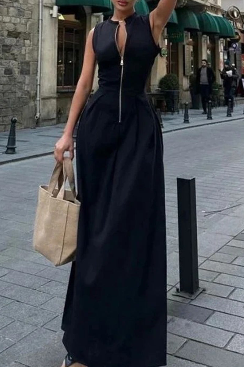 Casual Street Pocket Zipper O Neck Long Dresses(3 Colors)