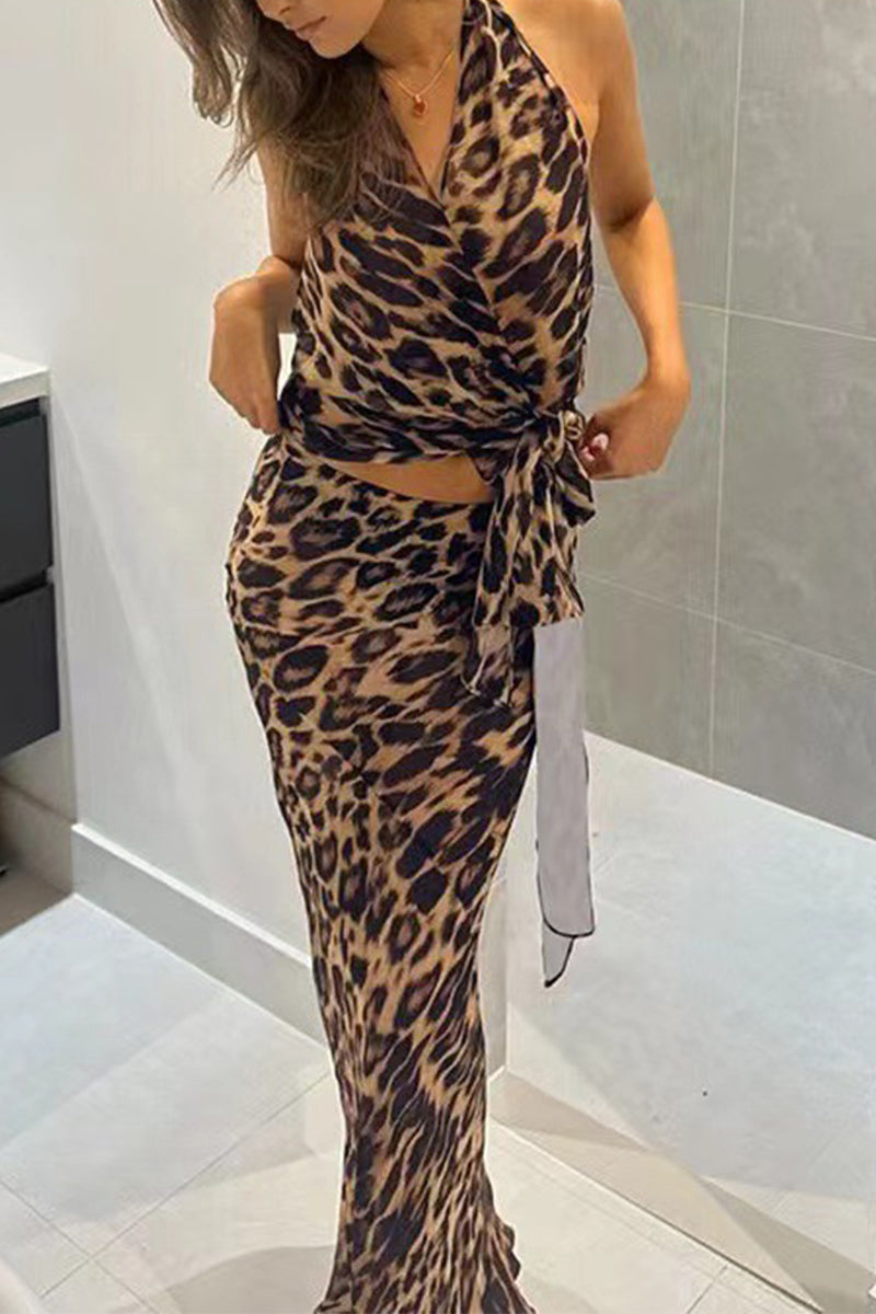 Sexy Leopard Lace Up Backless Halter Sleeveless Two Pieces