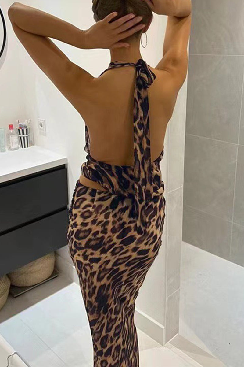 Sexy Leopard Lace Up Backless Halter Sleeveless Two Pieces