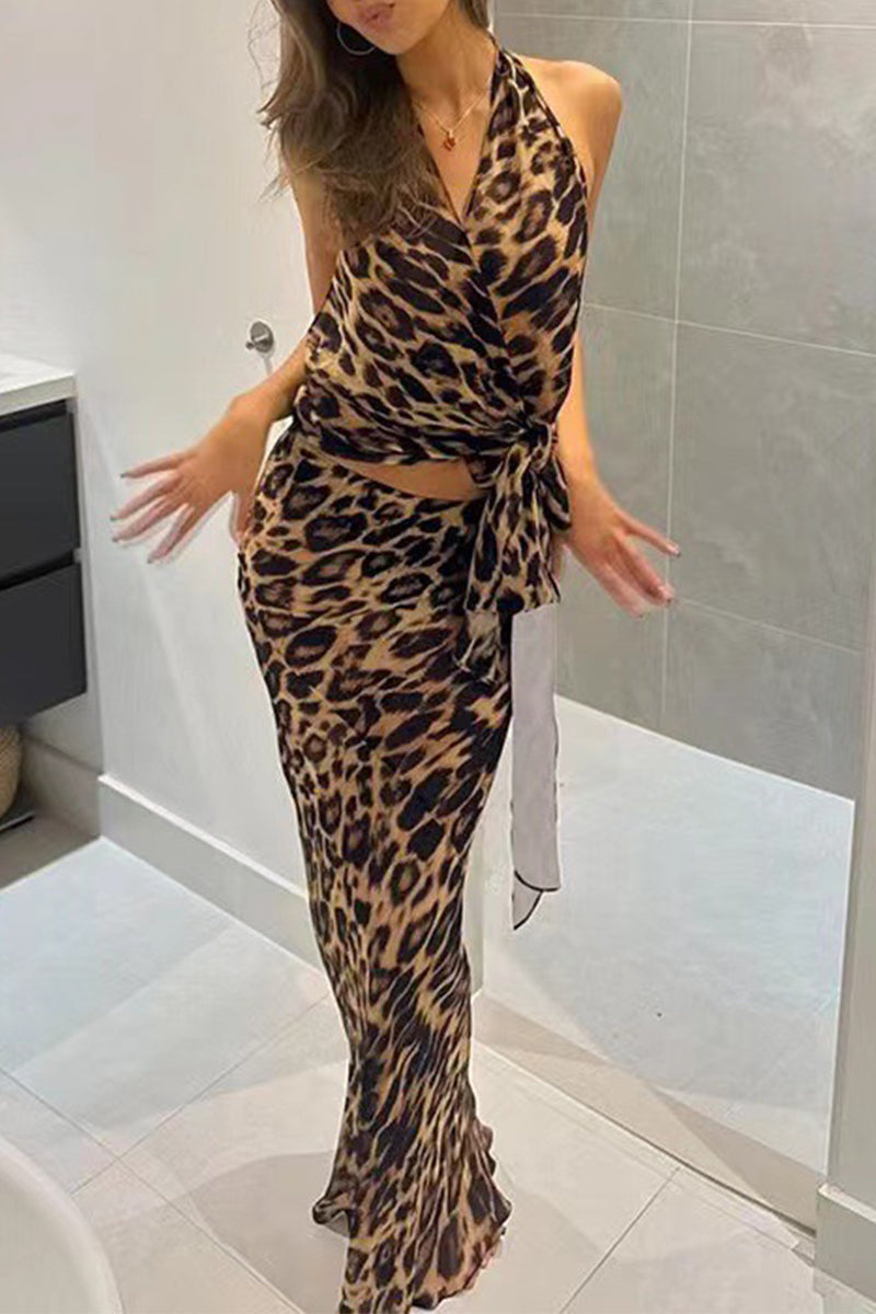 Sexy Leopard Lace Up Backless Halter Sleeveless Two Pieces