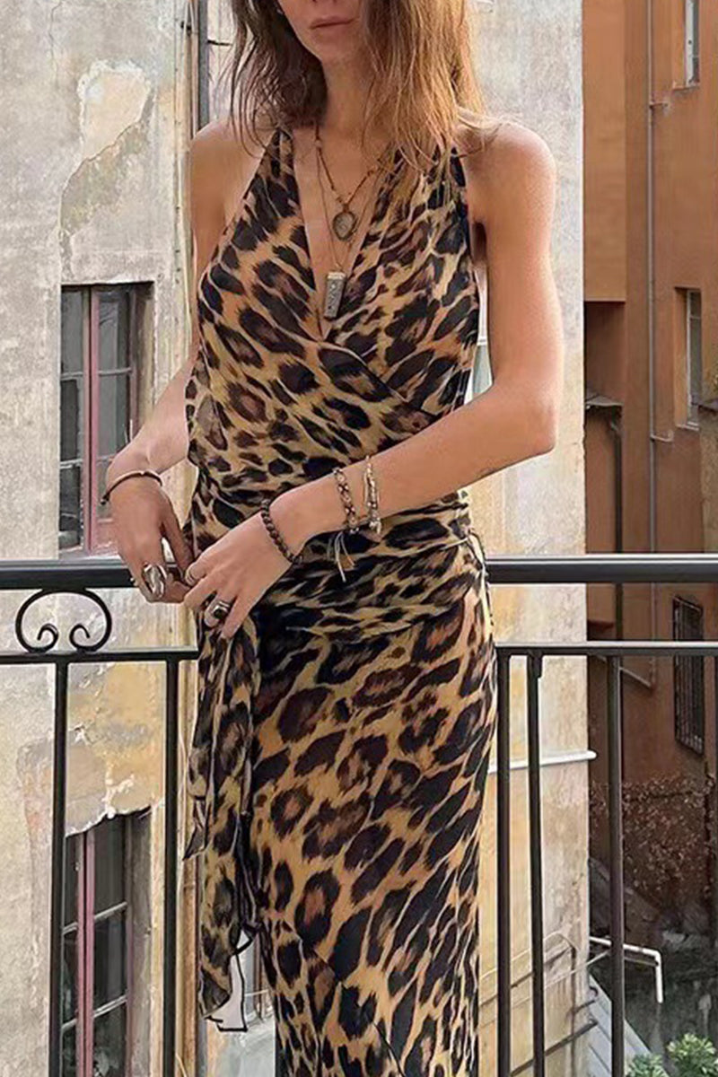 Sexy Leopard Lace Up Backless Halter Sleeveless Two Pieces