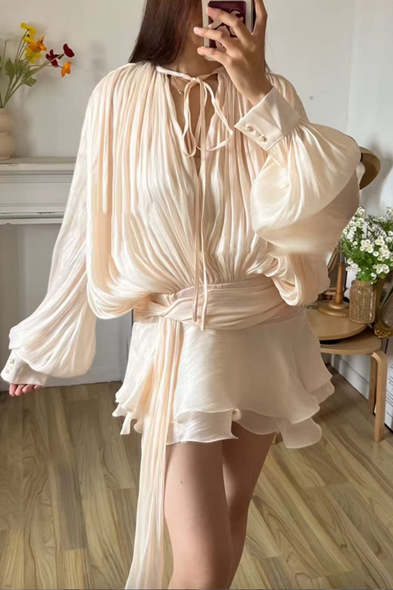 Elegant Lace Up Flounce O Neck Long Sleeve Two Pieces