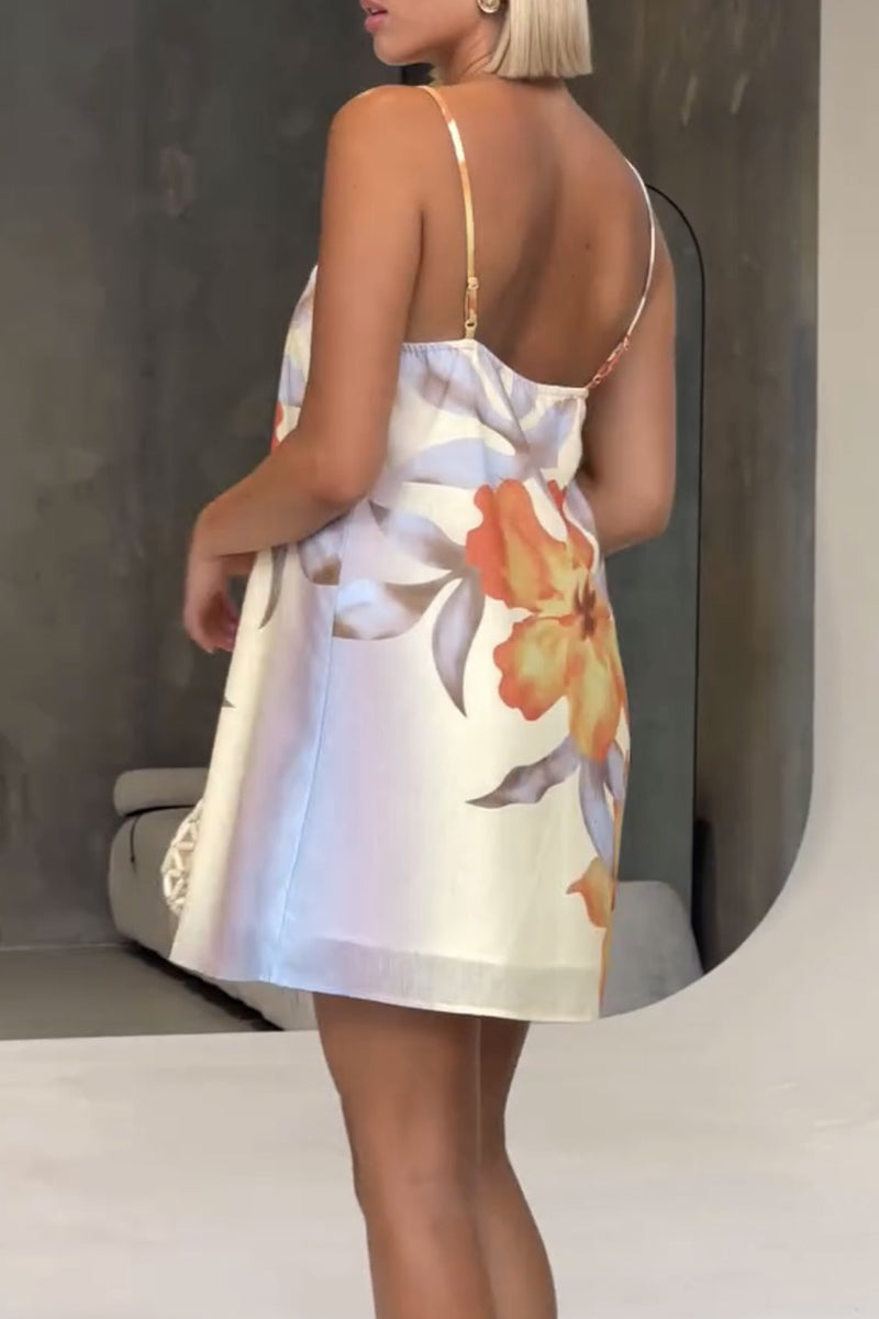 Sexy Flowers Print Backless Contrast Square Neck Sling Dresses