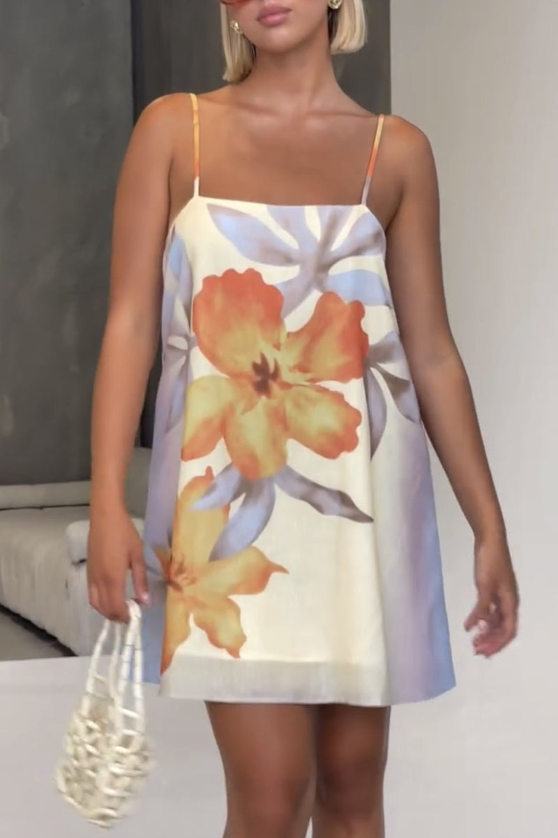 Sexy Flowers Print Backless Contrast Square Neck Sling Dresses