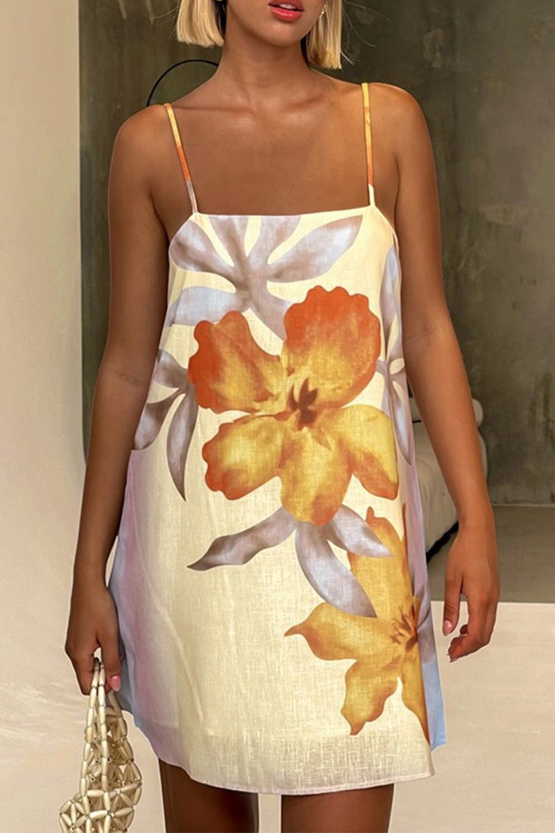 Sexy Flowers Print Backless Contrast Square Neck Sling Dresses