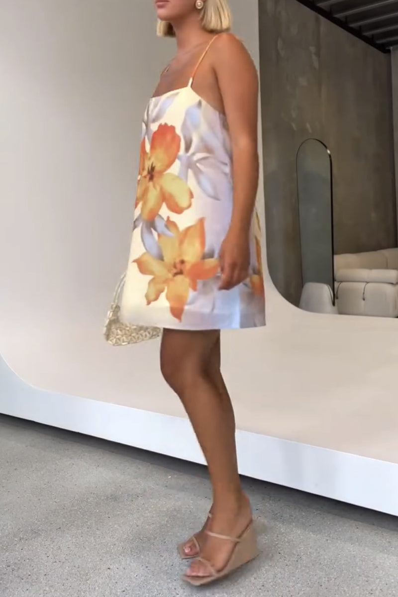 Sexy Flowers Print Backless Contrast Square Neck Sling Dresses