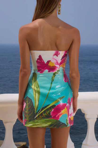 Sexy Floral Print Sequins Contrast Strapless Wrapped Skirt Dresses