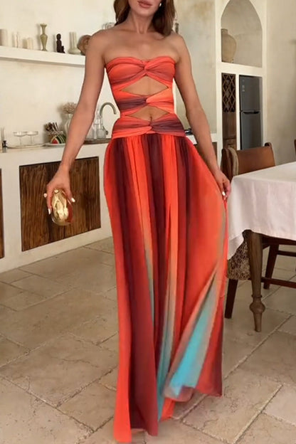 Sexy Gradient Print Irregular Strapless Long Dresses(The color is not fixed)