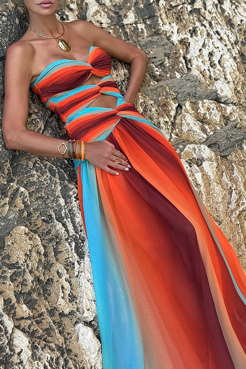 Sexy Gradient Print Irregular Strapless Long Dresses(The color is not fixed)