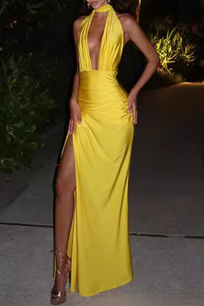 Sexy Solid Color Lace Up Backless Halter Long Dresses