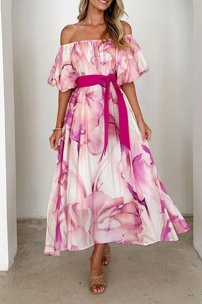 Elegant Floral Print Lace Up Off Shoulder A Line Dresses