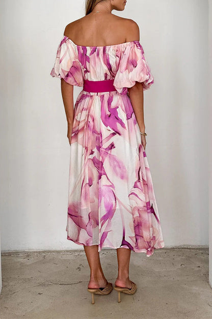 Elegant Floral Print Lace Up Off Shoulder A Line Dresses