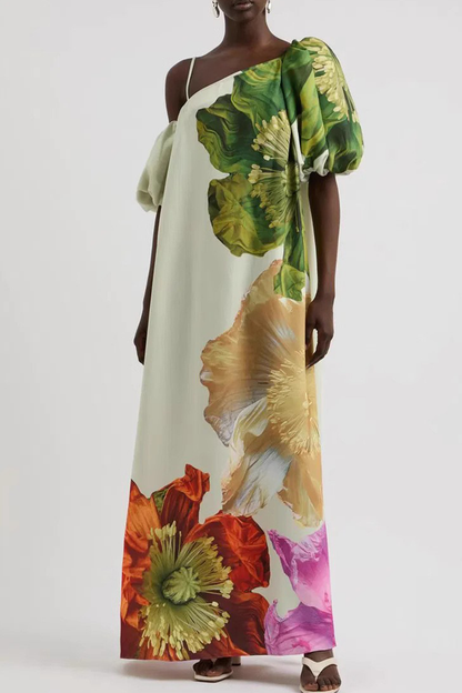 Casual Vacation Print Backless Oblique Collar Long Dresses