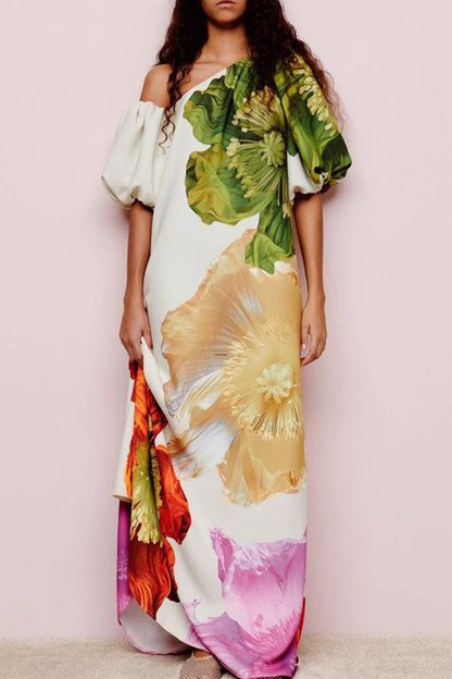 Casual Vacation Print Backless Oblique Collar Long Dresses