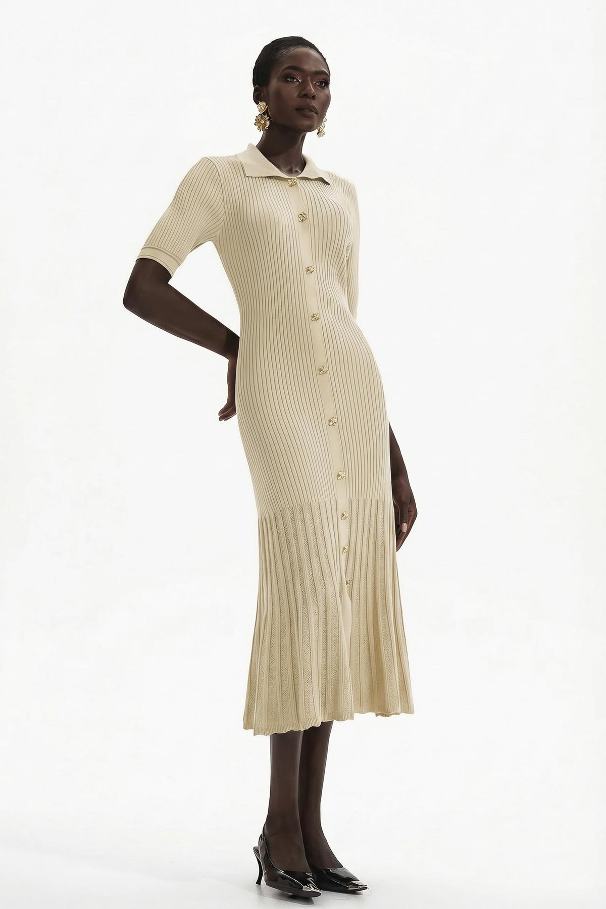 Jersey Flapped Metal Button Midi Dress