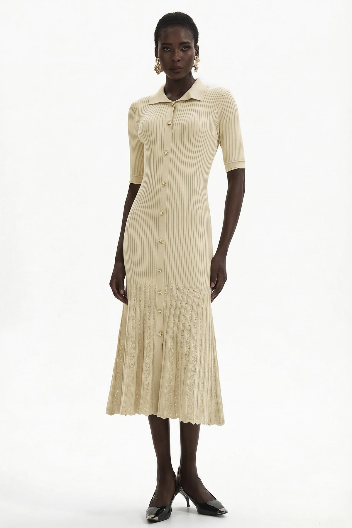 Jersey Flapped Metal Button Midi Dress