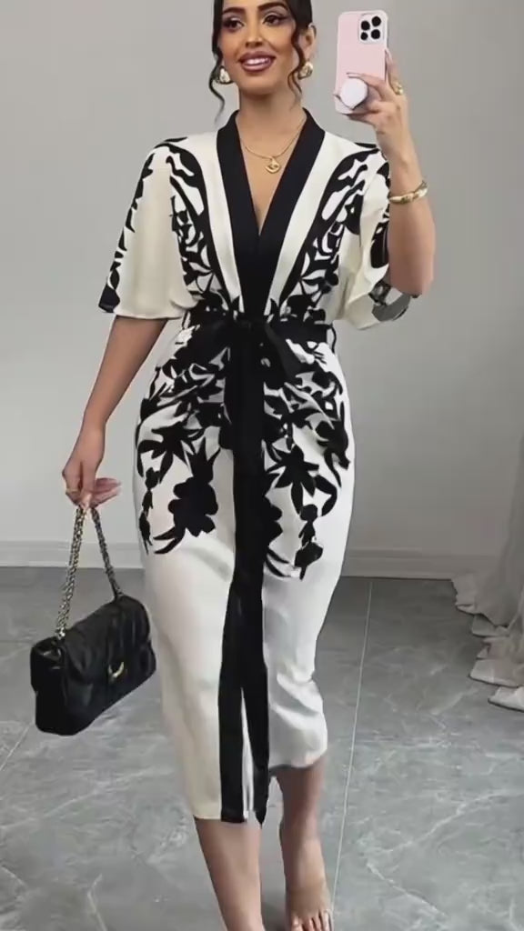 Half Sleeves Flower Print Printed Tied Waist V-Neck Midi Dresses