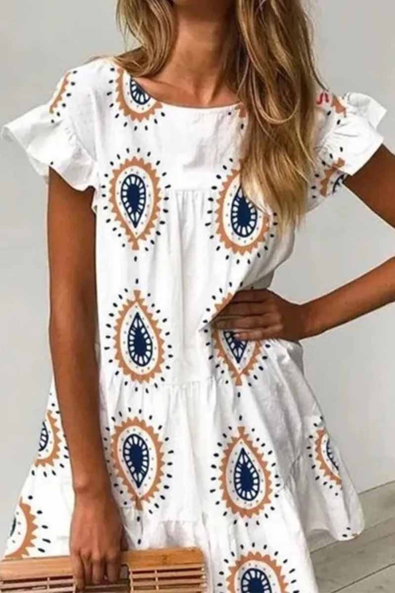 Omyke Round Neck Print Water Drop Mini Dress