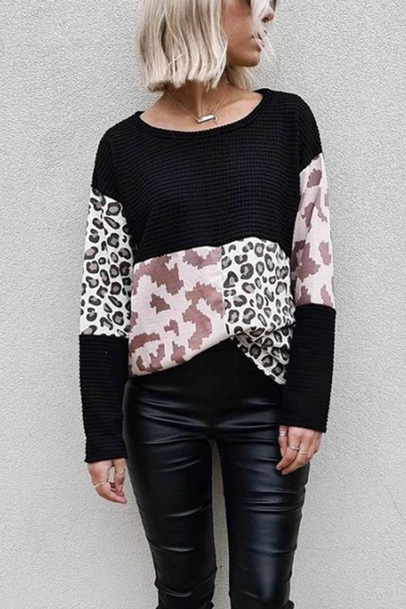 Omyke Leopard Patchwork Printed Sweater