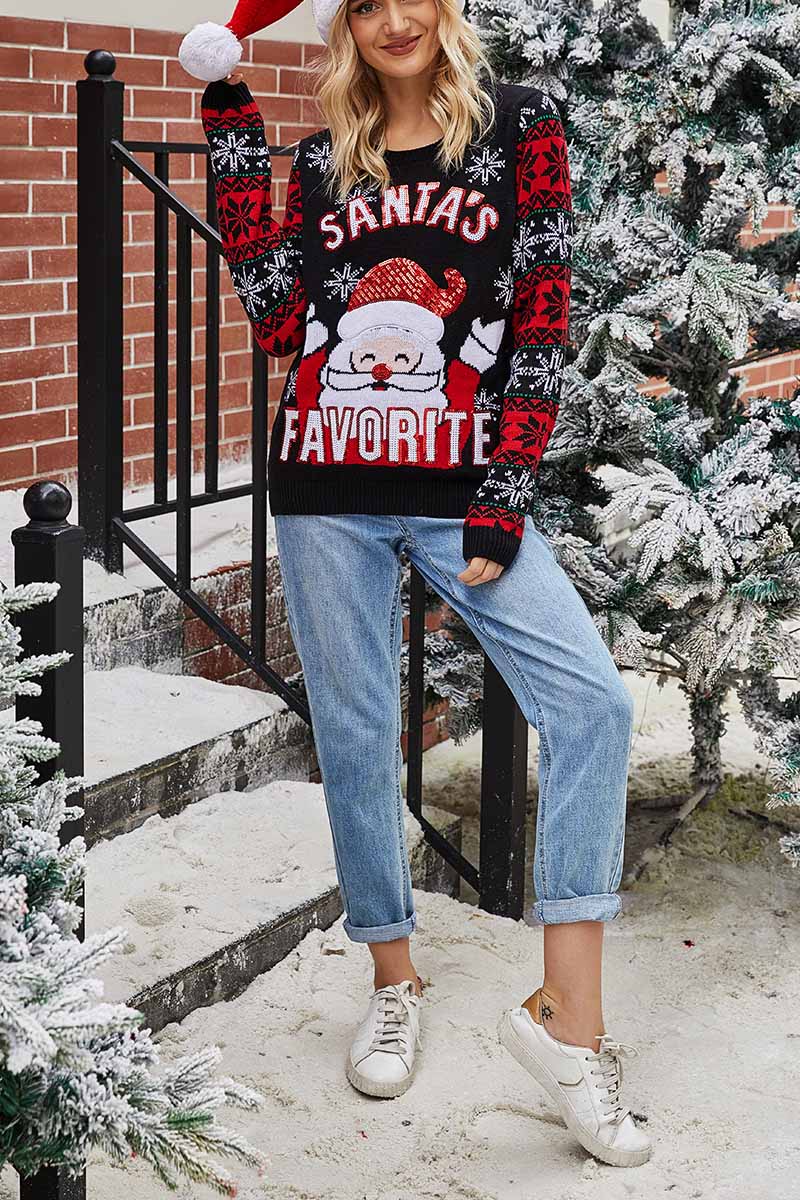 Omyke Santa Embroidered Round Neck Knitted Sweater