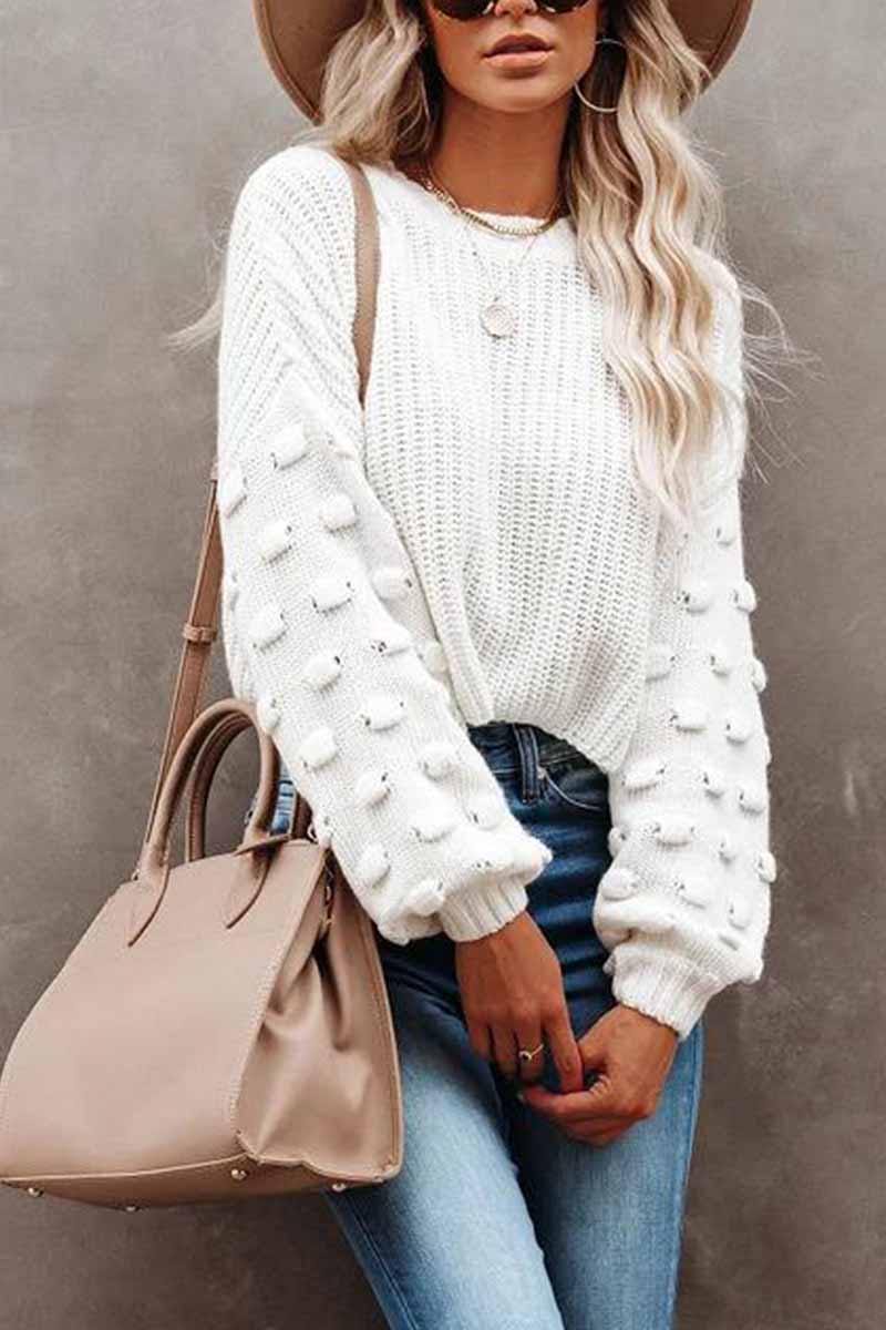 Omyke Cute Solid Color Knitted Crew Neck Sweater