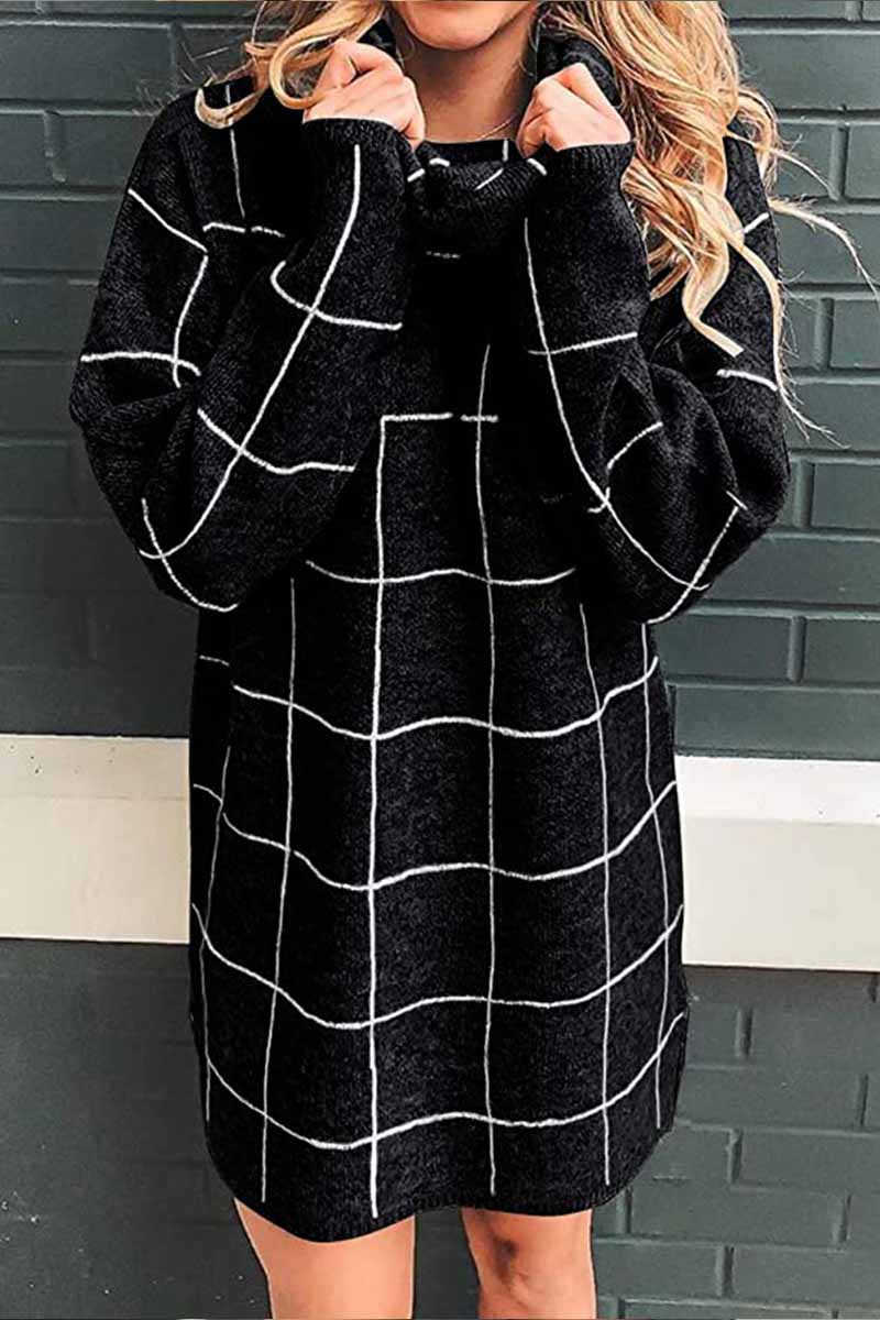 Omyke High Collar Plaid Loose Mini Dress