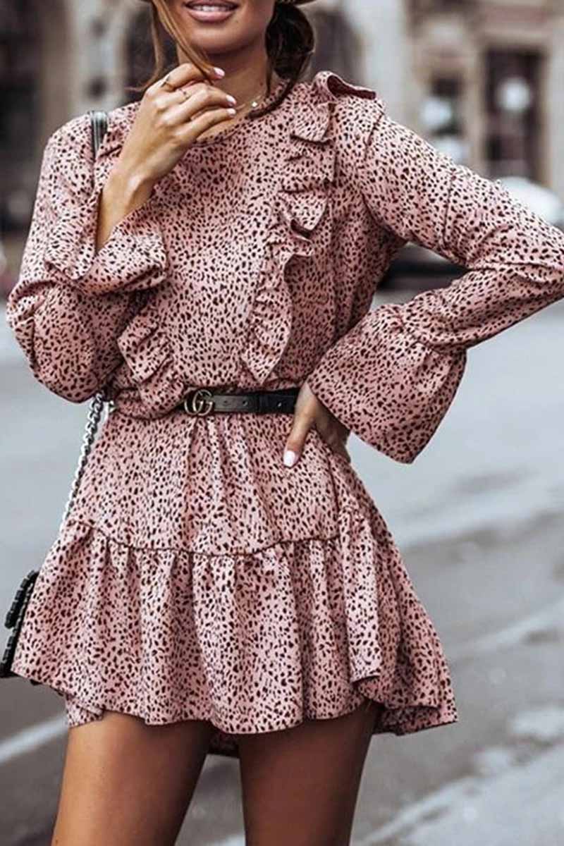 Omyke Ruffle Print Long Sleeves Mini Dress