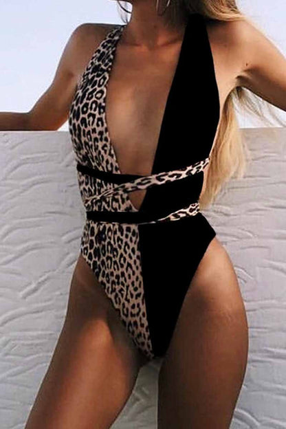 Omyke One Piece Leopard Print Hollow Strap Swimsuit