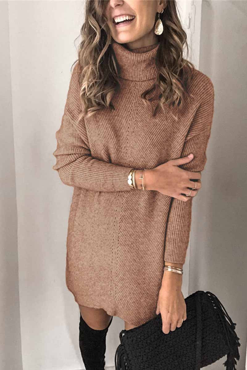 Omyke Casual Turtleneck Midi Dress