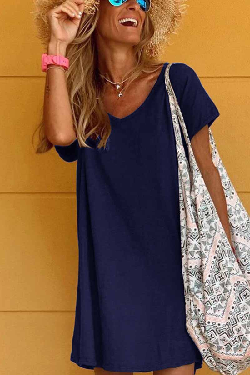 Omyke Loose Solid Color Short Sleeve V-Neck Mini Dress