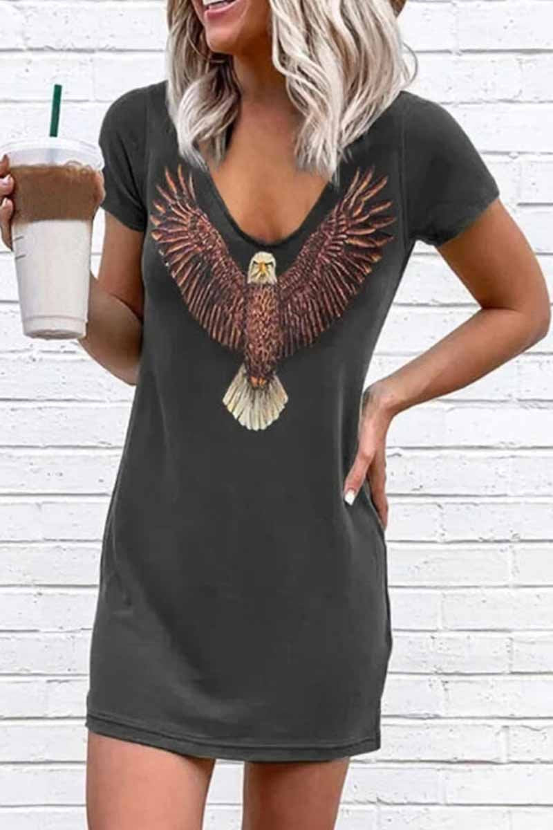 Omyke Loose V-Neck Eagle Print Short Sleeves Mini Dress