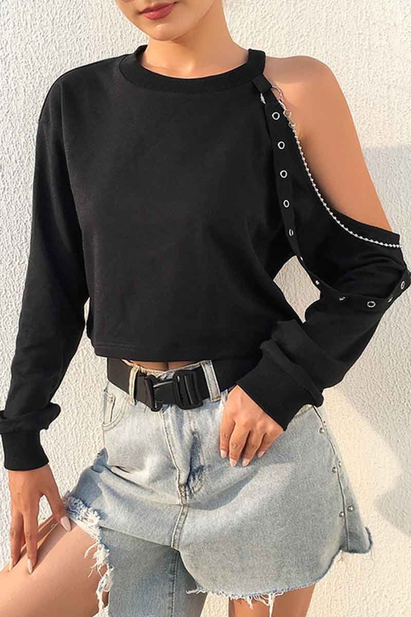 Omyke Long-sleeve Loose Off-shoulder T-shirt