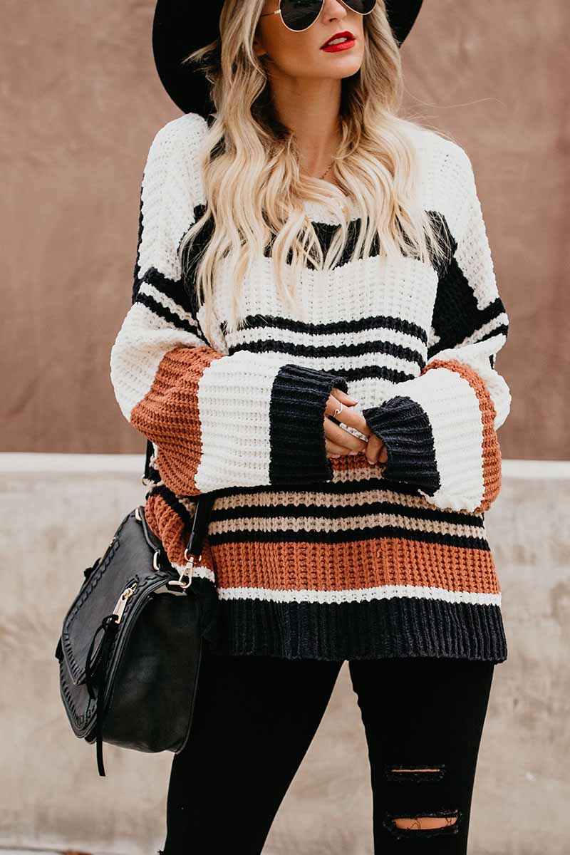 Omyke Paneled Knitted Striped Sweater