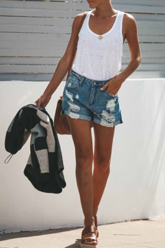 Omyke Fashion Street Ripped Denim Straight Shorts
