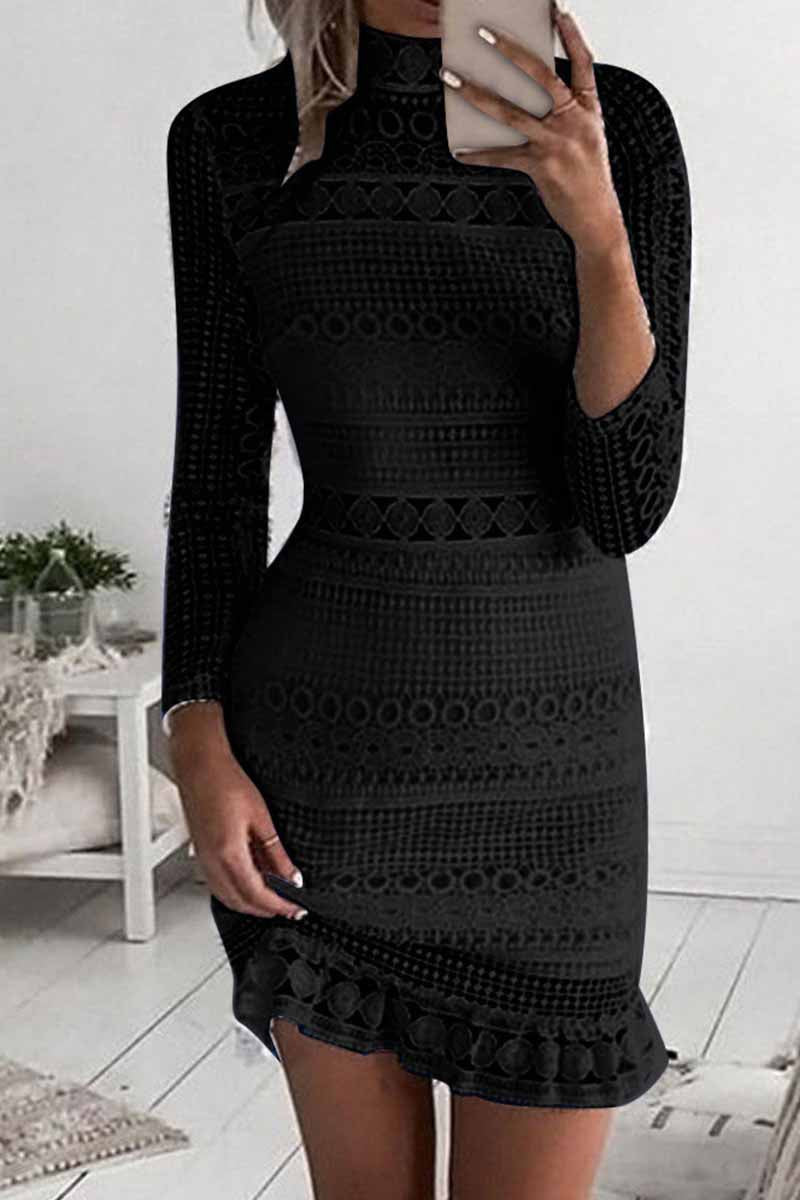 Omyke Pure Color Sexy Hollow Lace High Collar Mini Dress(3 Colors)