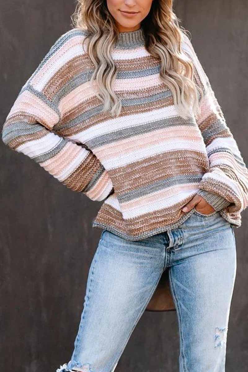 Omyke O-neck Stitching Striped Long-Sleeved sweater