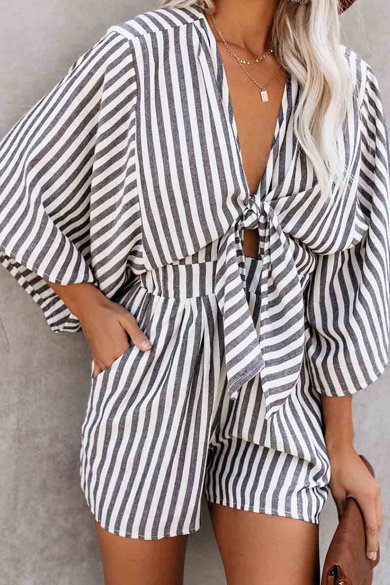 Florcoo Striped Short Sleeve Loose Jumpsuit