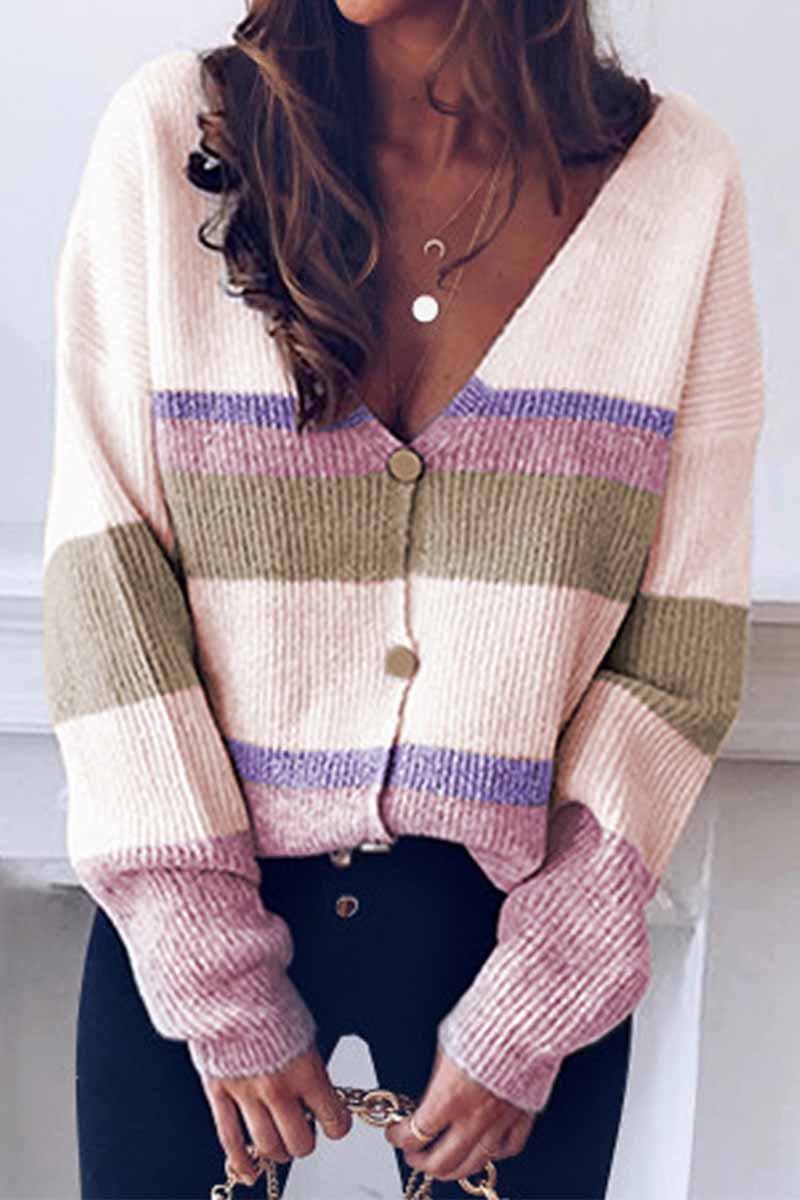 Omyke Long Sleeve V Neck Color-Block Sweater