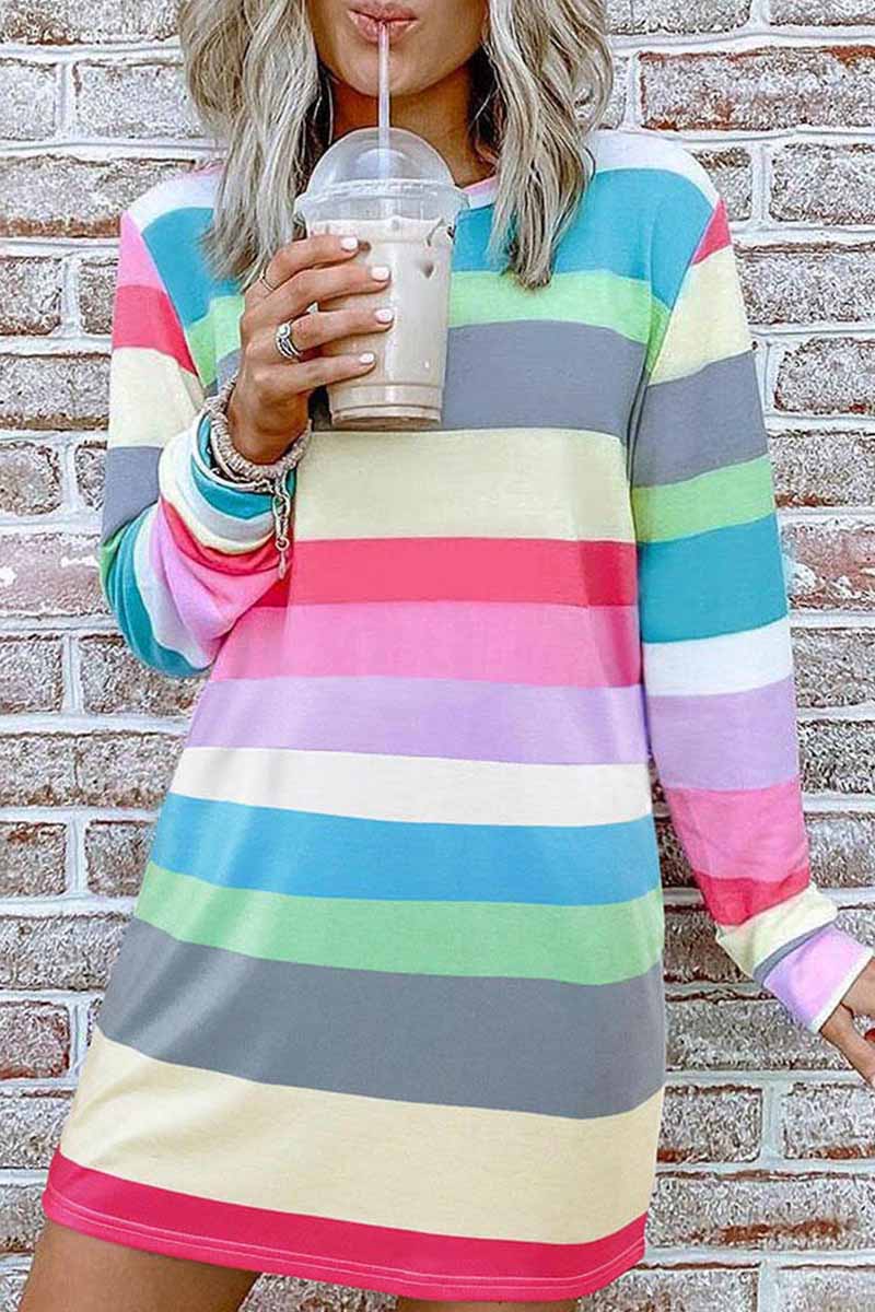 Omyke Rainbow Long Sleeve Stripes Mini Dresses