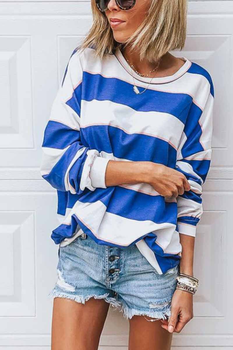 Omyke Loose Round Neck Striped T-shirt